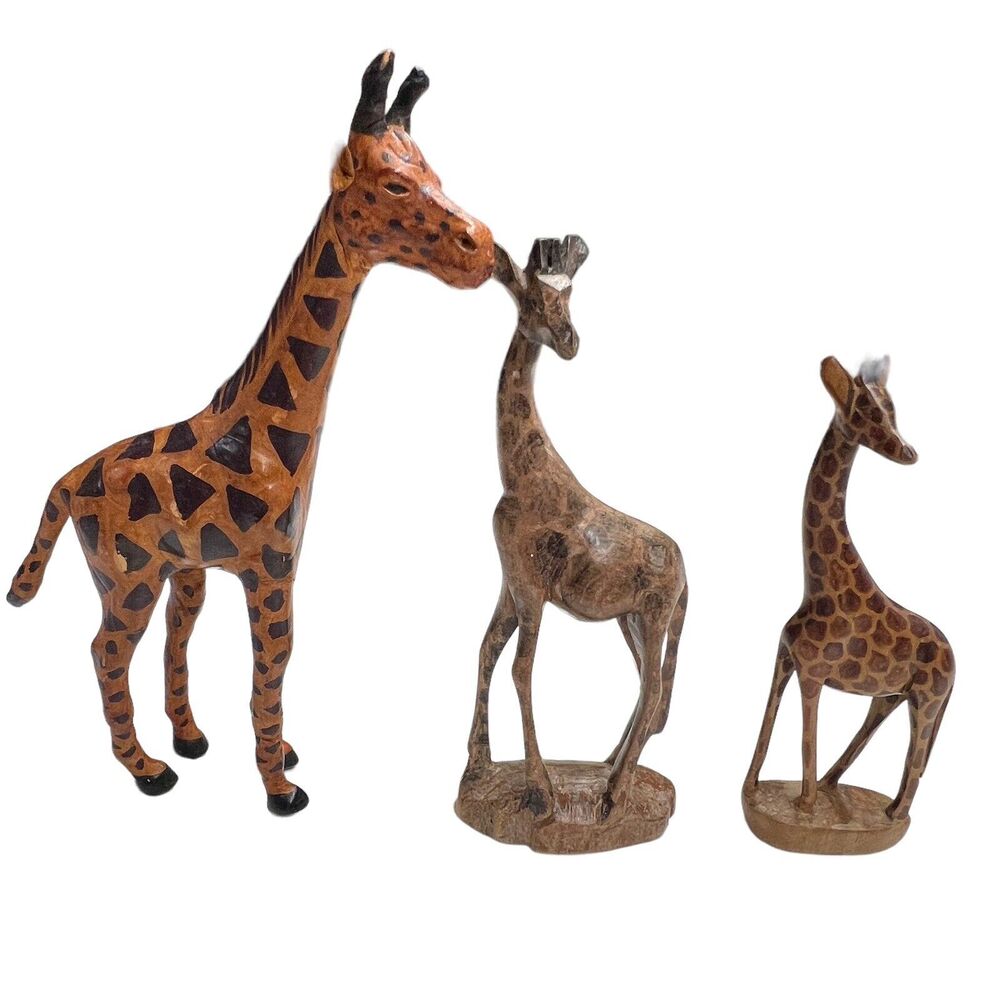 Vintage Trio Giraffes Leather Wrapped Hand Carved Wooden Shelf Sitters Bookcase
